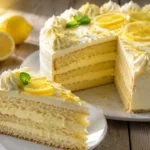 Saftige Zitronen Torte mit luftigem Biskuit, cremiger Zitronen-Sahnefüllung und frischen Zitronenscheiben.