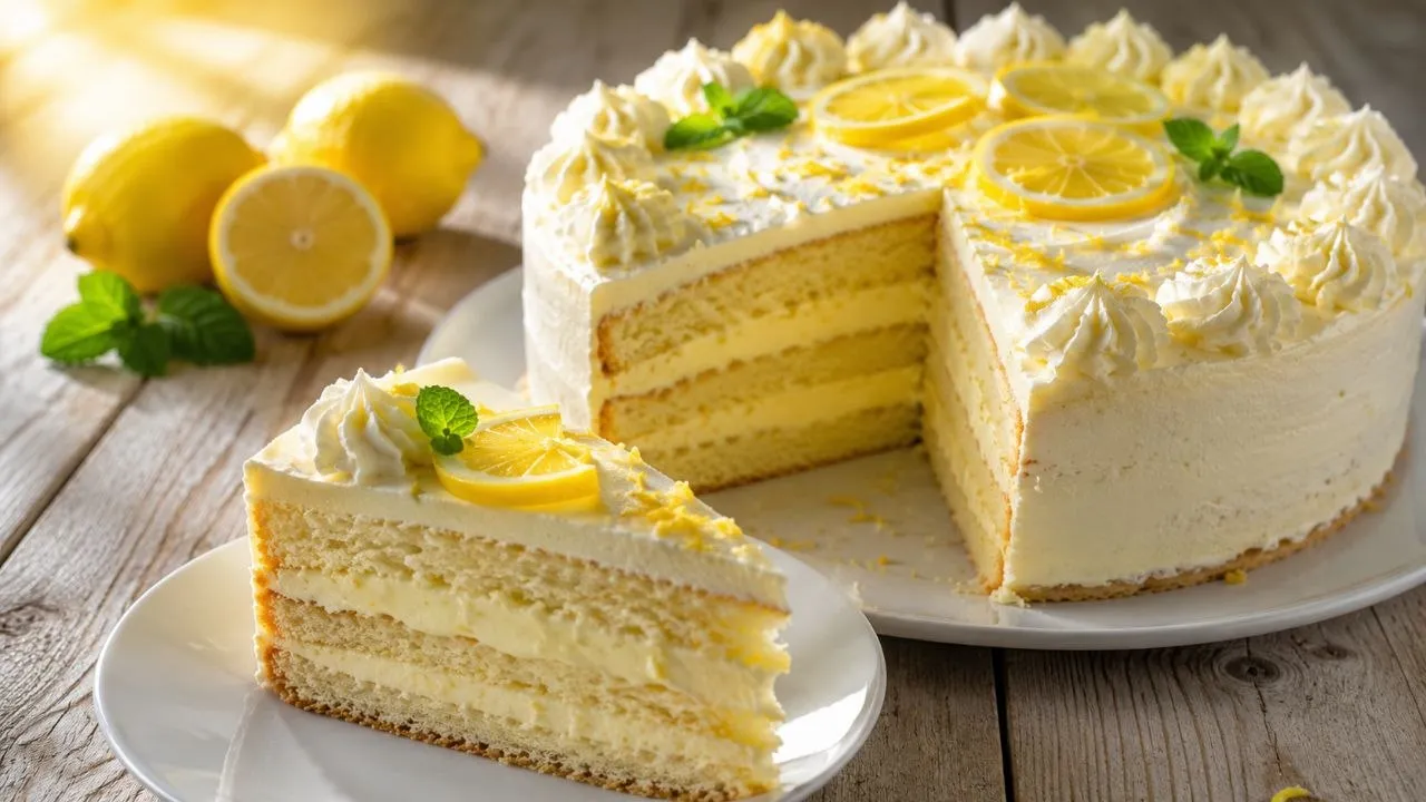 Saftige Zitronen Torte mit luftigem Biskuit, cremiger Zitronen-Sahnefüllung und frischen Zitronenscheiben.