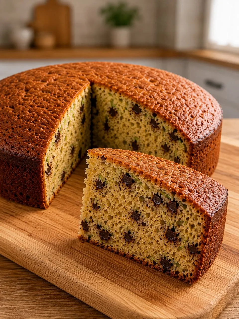 Saftiger Zucchini Kuchen im Hochformat mit sichtbarer lockerer Krume