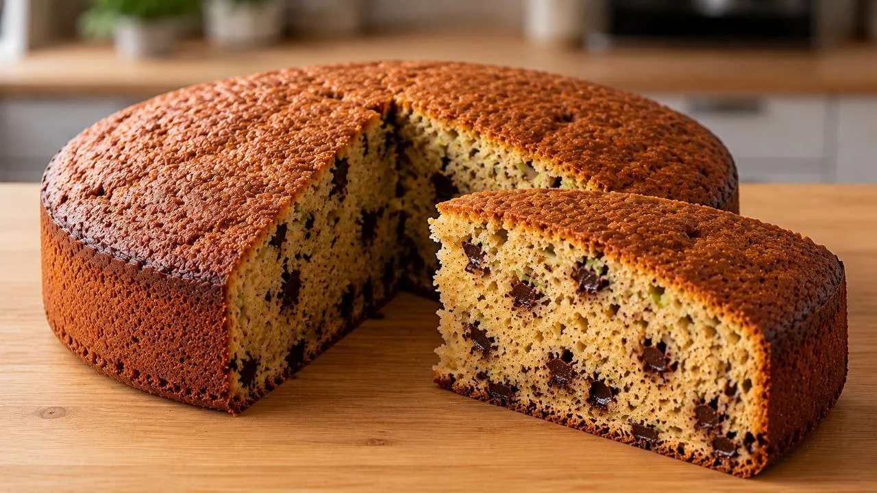 Angeschnittener saftiger Zucchini Kuchen mit lockerer Krume und Schokostückchen
