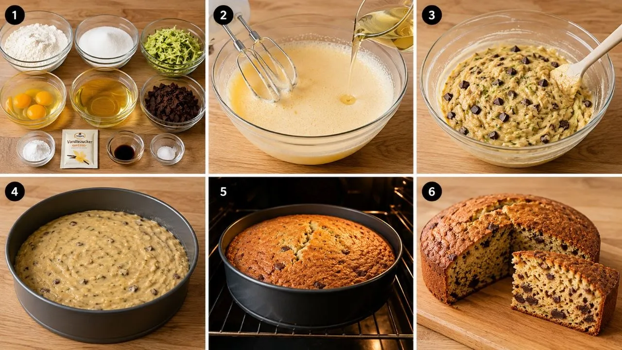 Schritt-für-Schritt Zubereitung für einen saftigen Zucchini Kuchen