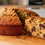 Saftiger Zucchini Kuchen mit Schokostückchen auf einem Holzbrett angeschnitten
