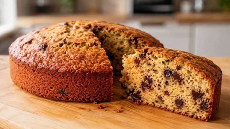 Saftiger Zucchini Kuchen mit Schokostückchen auf einem Holzbrett angeschnitten