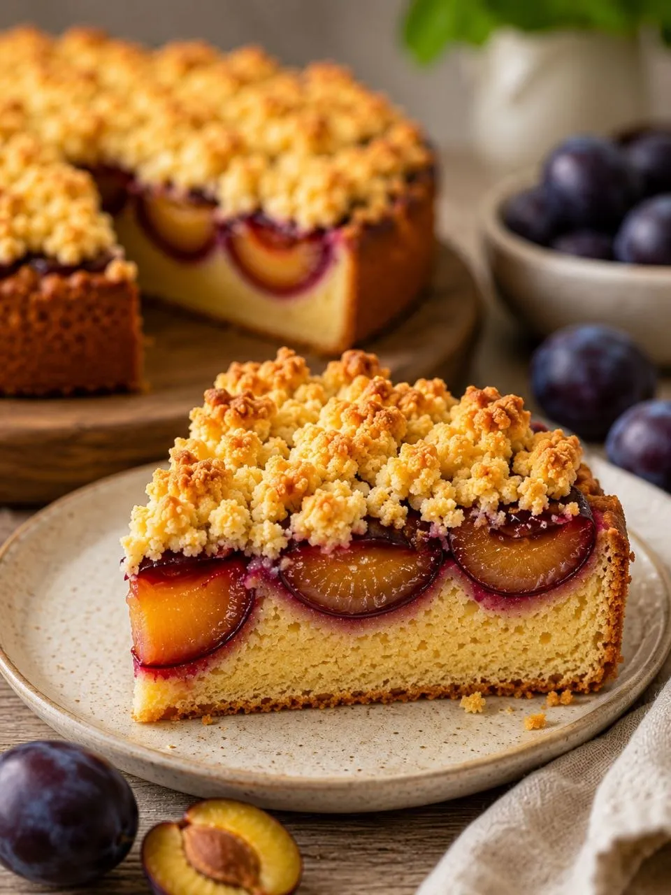 Saftiges Stück Zwetschgenkuchen mit goldenen Butterstreuseln und reifen Zwetschgen.