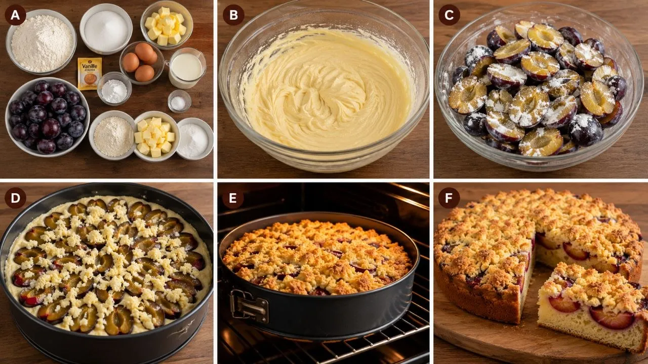 Schritt-für-Schritt-Zubereitung für Zwetschgenkuchen mit Streuseln vom Rührteig bis zum fertigen Kuchen.