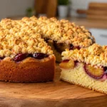 Saftiger Zwetschgenkuchen mit knusprigen Butterstreuseln und reifen Zwetschgen auf einem Holzbrett.