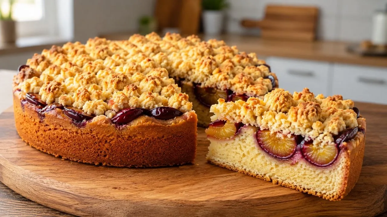 Saftiger Zwetschgenkuchen mit knusprigen Butterstreuseln und reifen Zwetschgen auf einem Holzbrett.