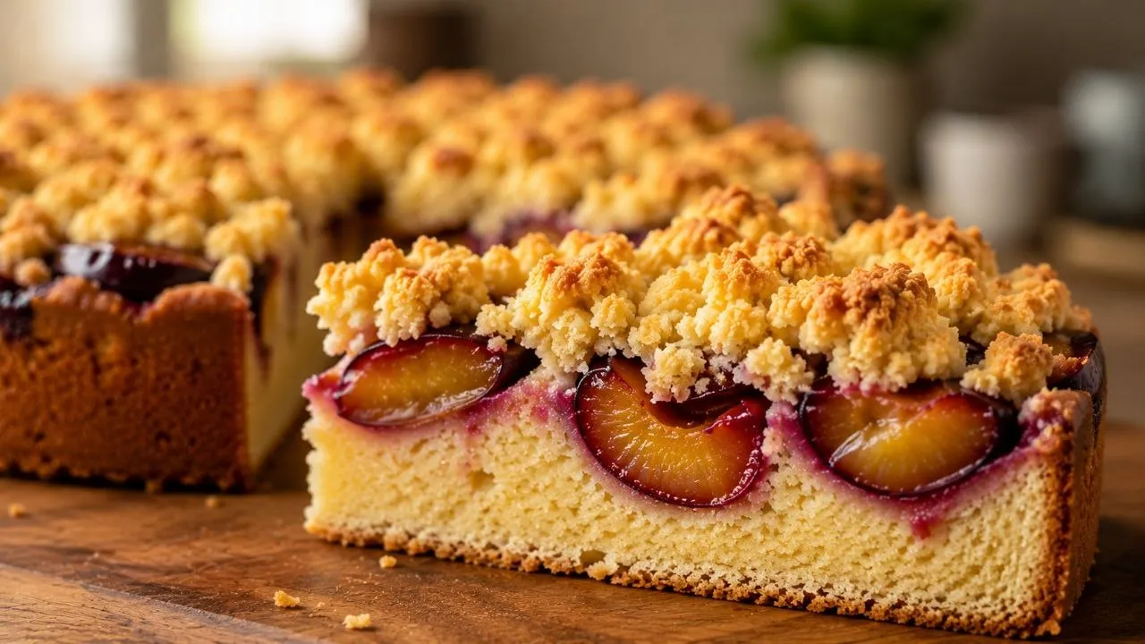 Angeschnittenes Stück Zwetschgenkuchen mit saftigem Rührteig und knusprigen Butterstreuseln.